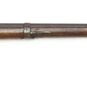 A vintage, brown wooden and metal flintlock musket with a long barrel, iron sights, and metal bands securing the stock and barrel.