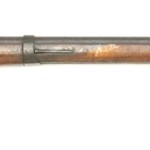 A vintage muzzle-loading rifle with a wooden stock, iron barrel, and trigger mechanism, viewed from the side on a white background.