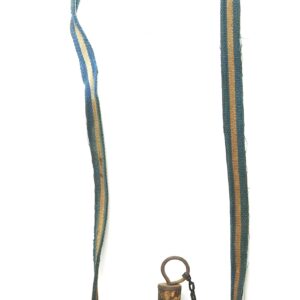 A round, vintage metal canteen with a screw-on cap and a long, worn blue and tan fabric shoulder strap.