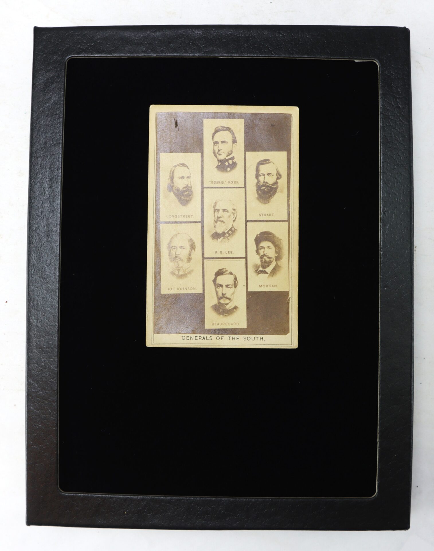 A framed card displays portraits of eight men labeled as "Generals of the South," including names and photographs arranged in two columns.