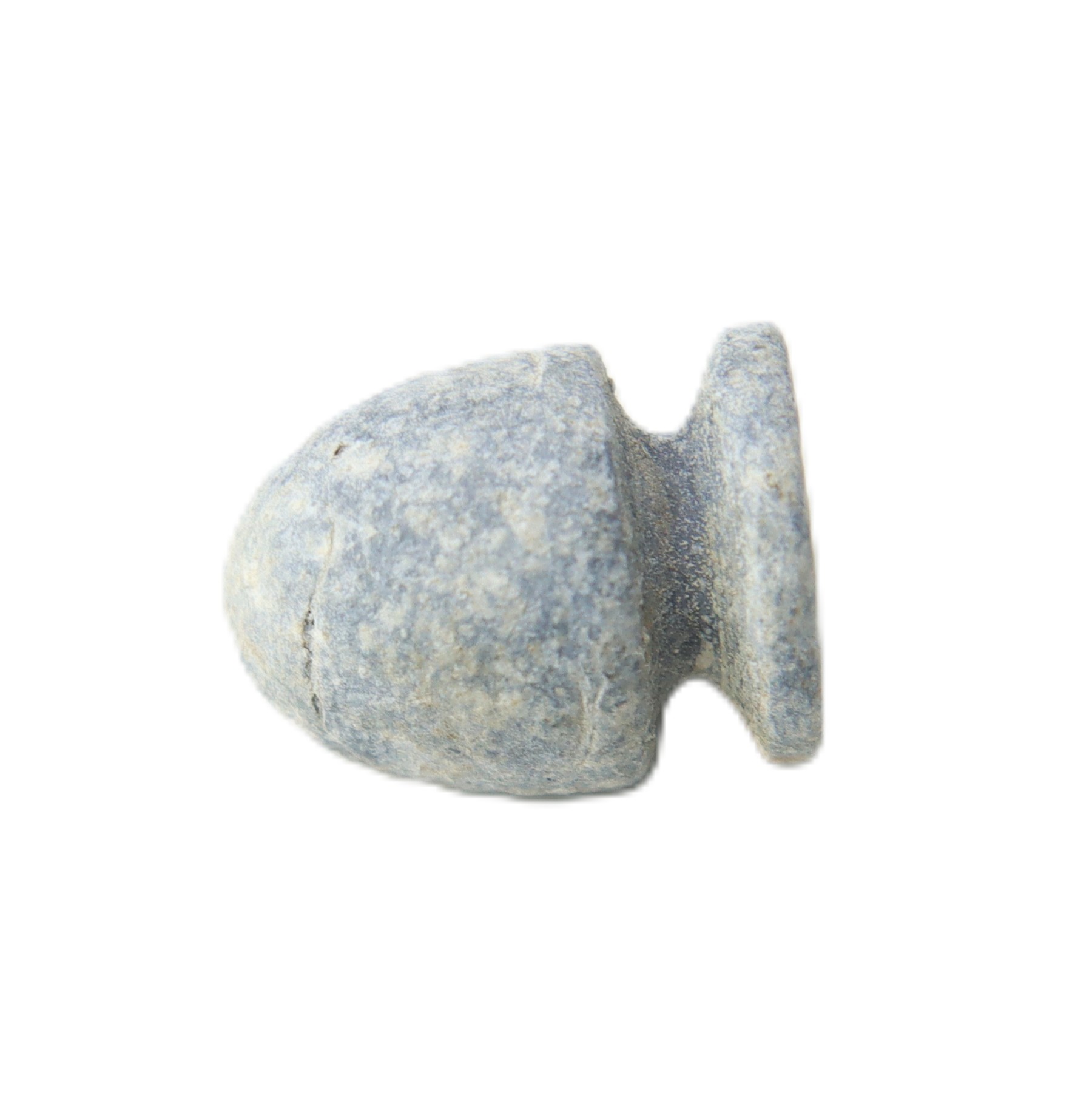 A single, gray, conical lead bullet with a flat base and visible ridge, isolated on a white background.