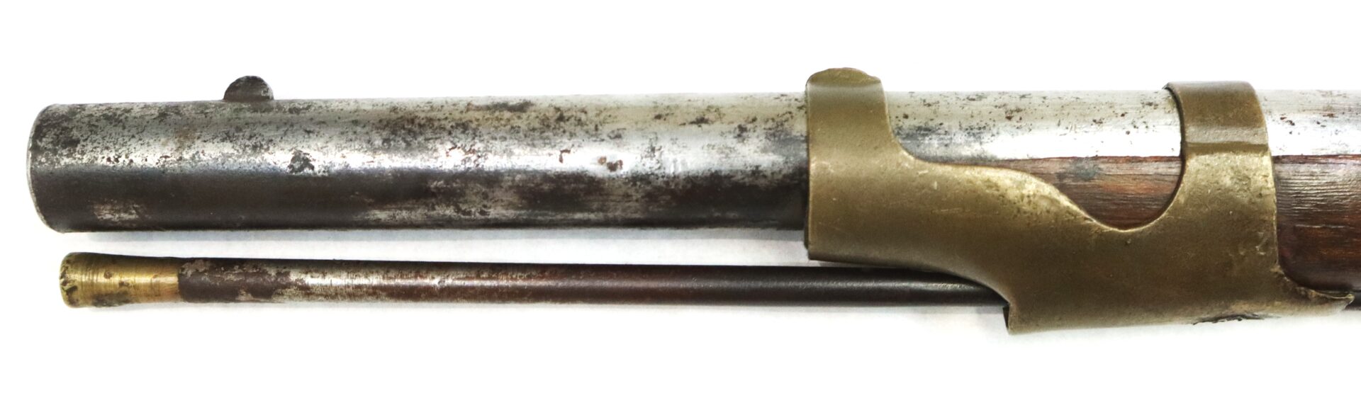 Close-up of the barrel and ramrod of an antique musket with a metal band securing the barrel to the wooden stock.