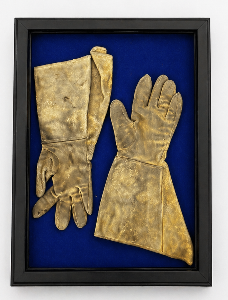 A pair of gold-colored gloves displayed flat in a black frame against a blue background.