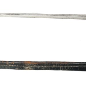 A metal socket bayonet with a long, straight blade is shown above its black leather scabbard with brass fittings.