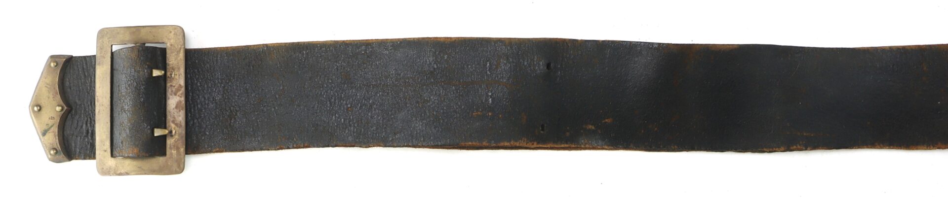 A worn black leather belt with a tarnished brass buckle and visible signs of aging along the edges.