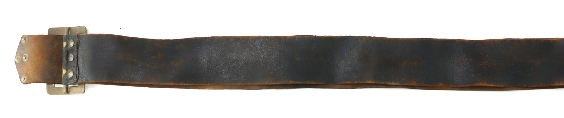 A worn, dark brown leather belt with a metal buckle, showing signs of age and use.