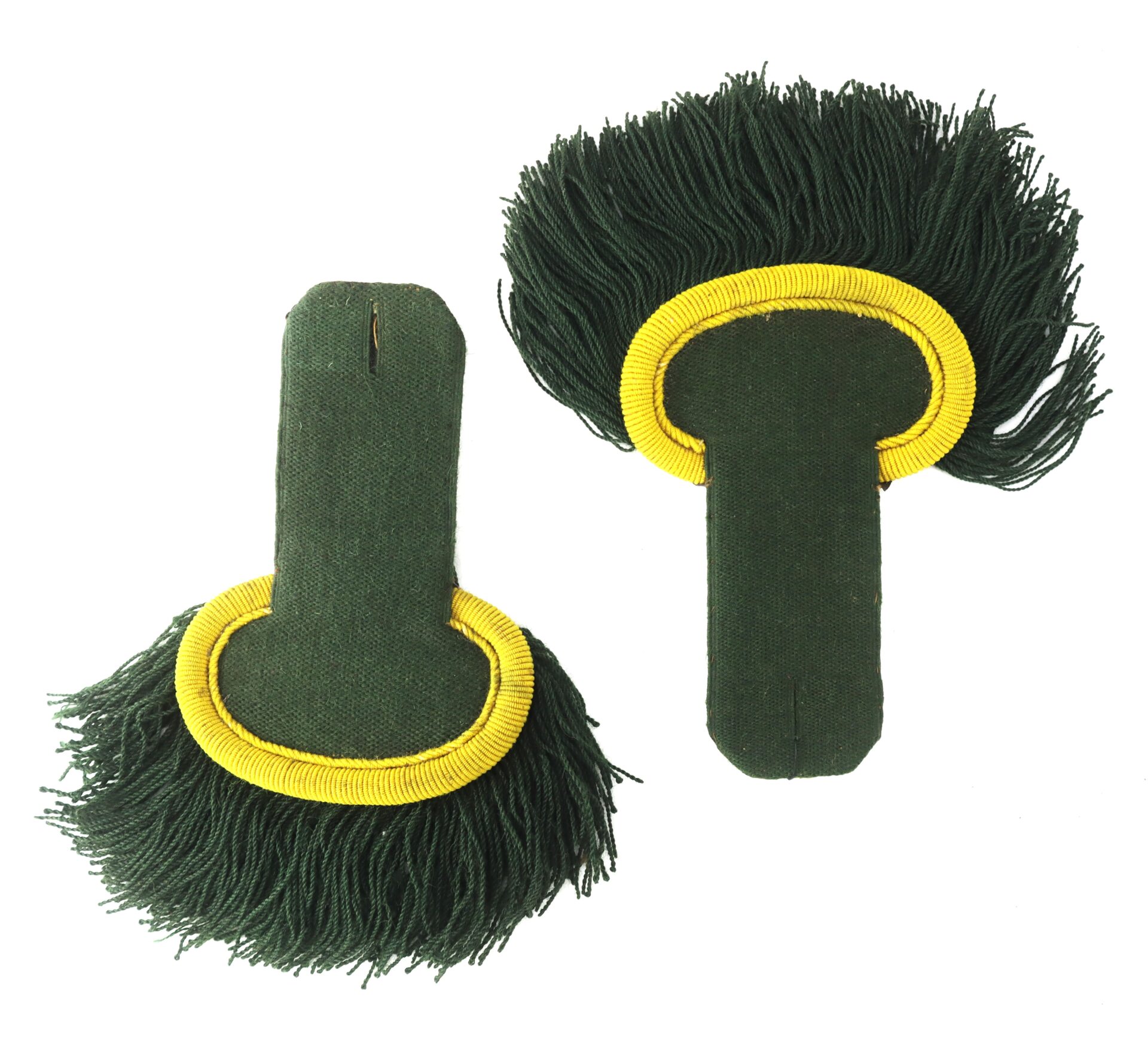 A pair of green military shoulder epaulettes with yellow trim and green fringe, displayed on a white background.