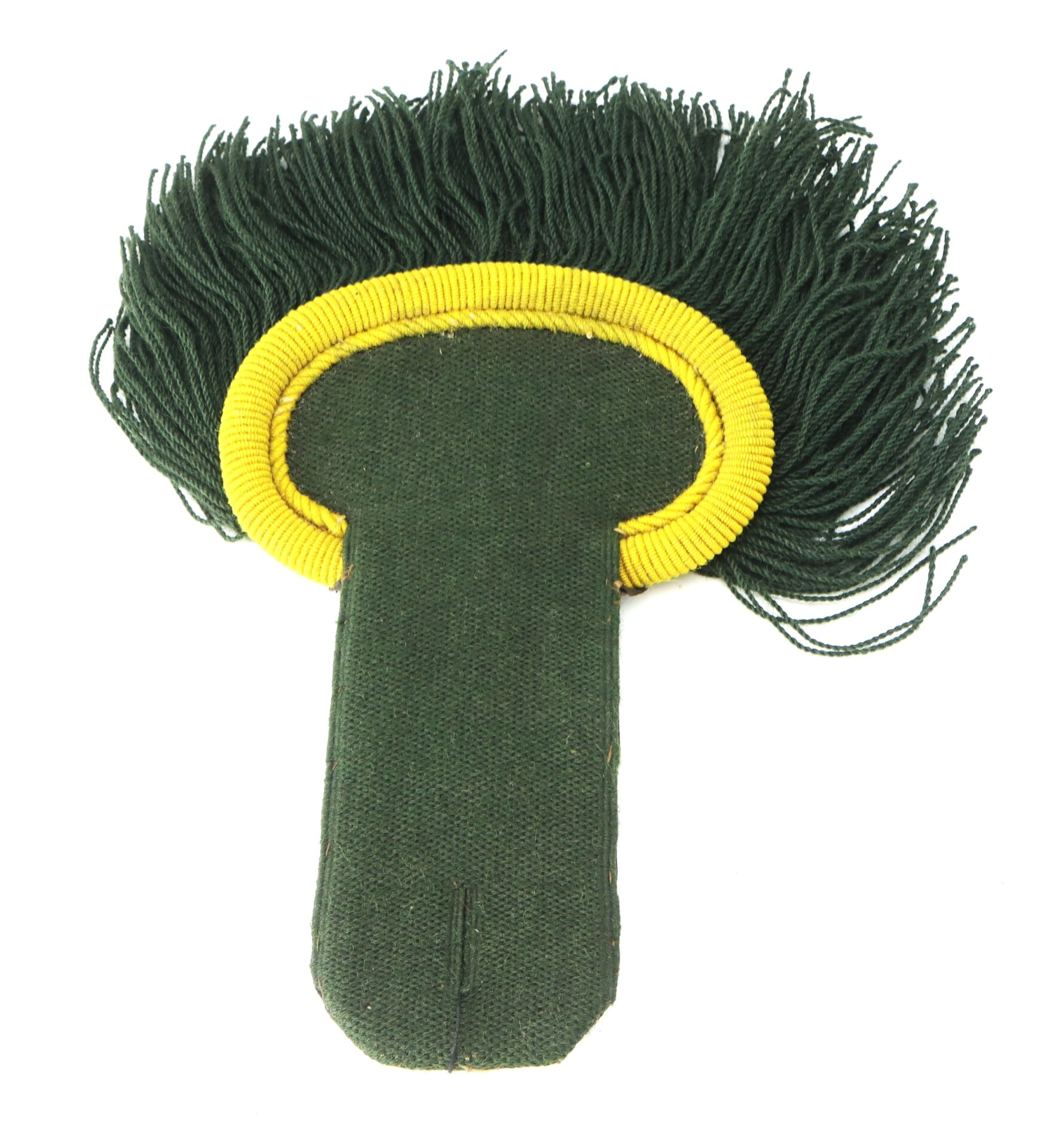 A green military shoulder epaulette with gold trim and green fringe, laid flat on a white background.