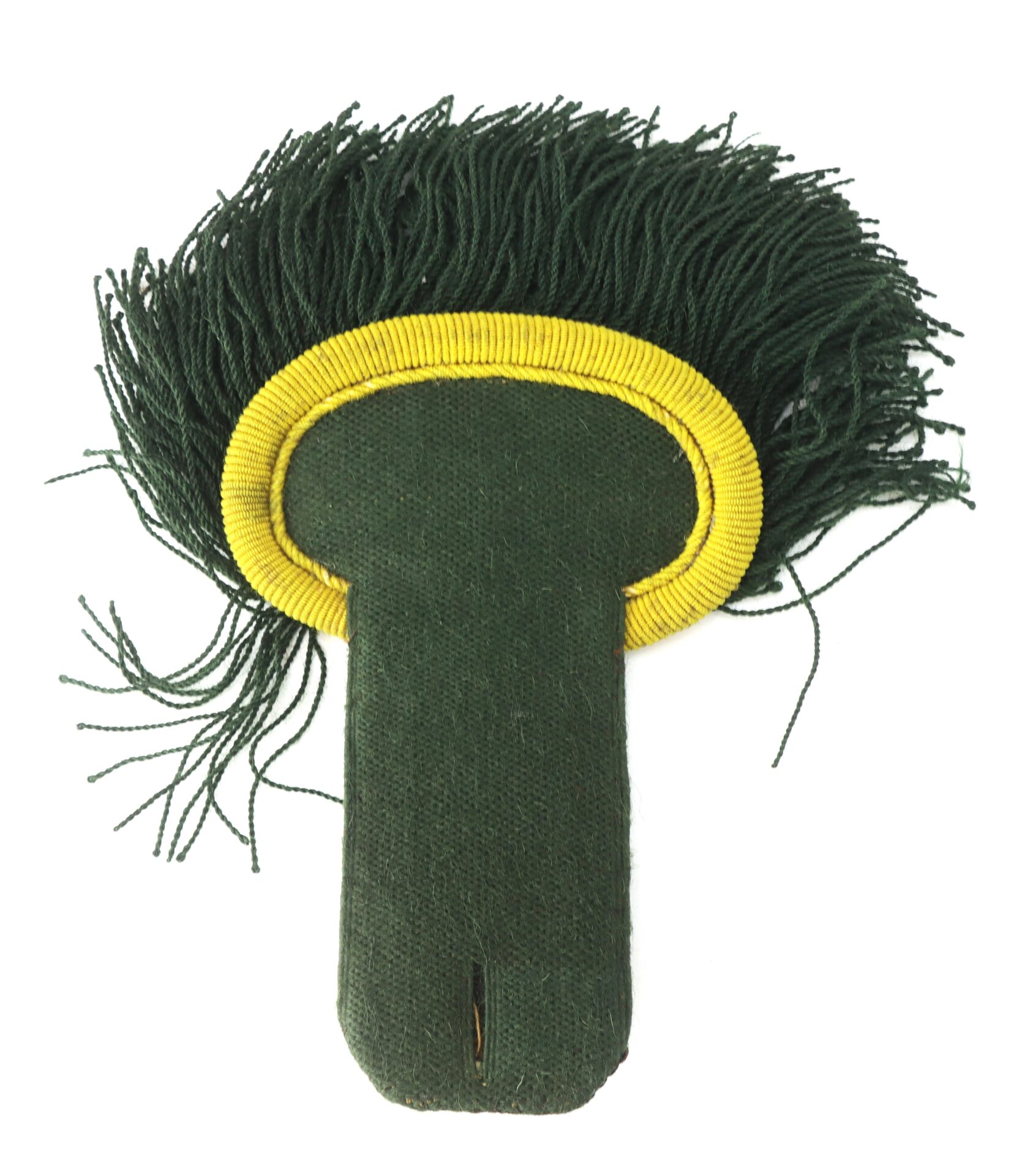 A green military shoulder epaulet with yellow trim and green fringe.