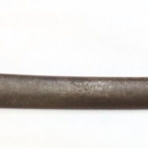 A vintage military sword with a curved blade, brass hilt, and metal scabbard featuring two mounting rings, displayed against a white background.
