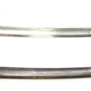 A curved military saber with a brass hilt and a metal scabbard placed below it, both set against a white background.