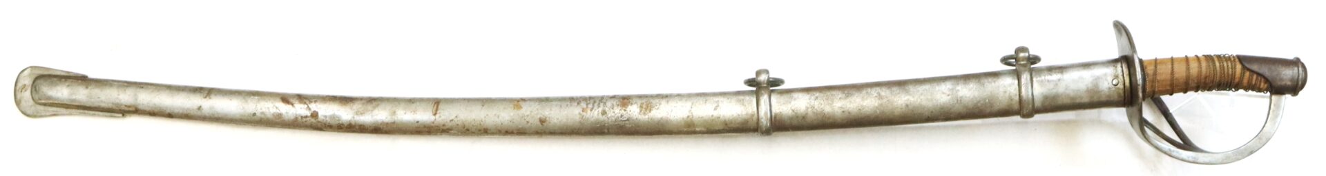 A curved sword with a metal scabbard, two metal rings, a hand guard, and a brown wrapped handle.