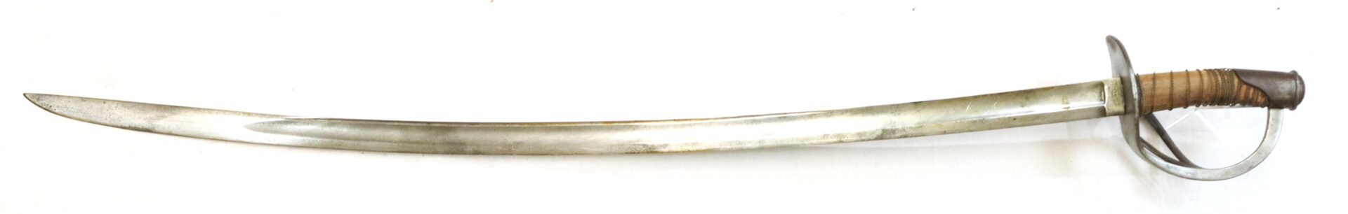 A curved sword with a metal blade, a wrapped handle, and a protective knuckle guard, photographed on a white background.