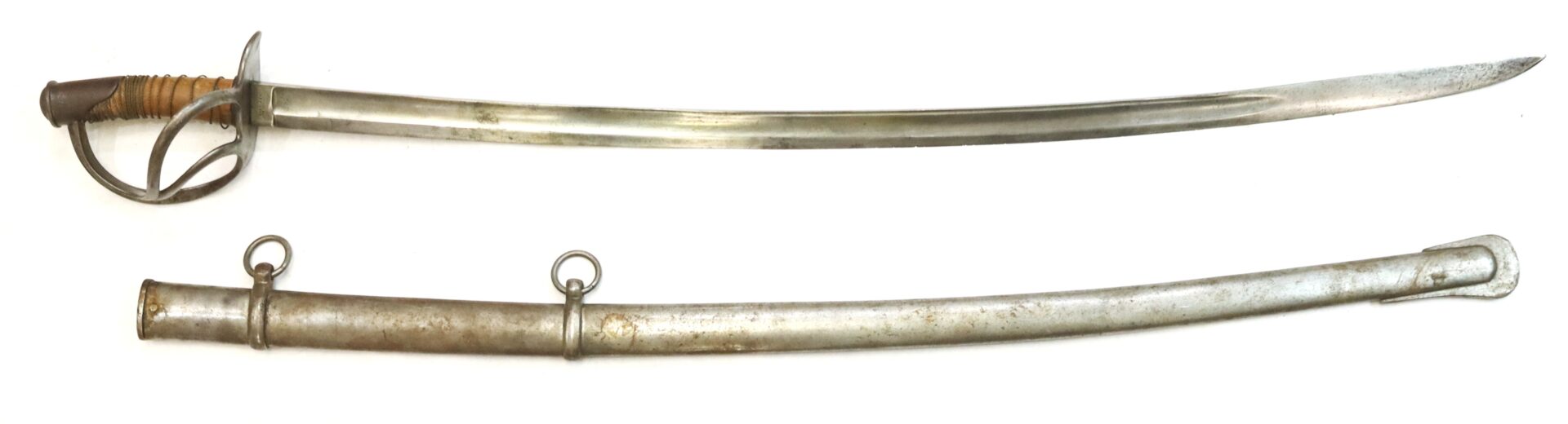 A curved metal sword with a protective hilt and a matching metal scabbard, both showing signs of age and wear.