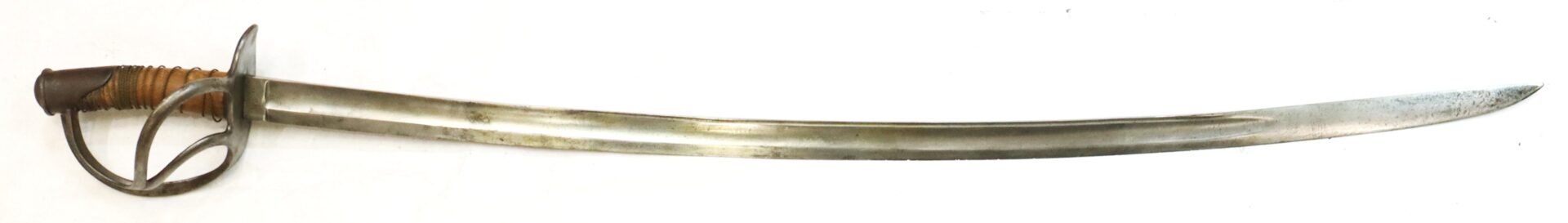 A vintage cavalry saber with a curved steel blade, a simple handguard, and a wrapped grip, displayed on a white background.