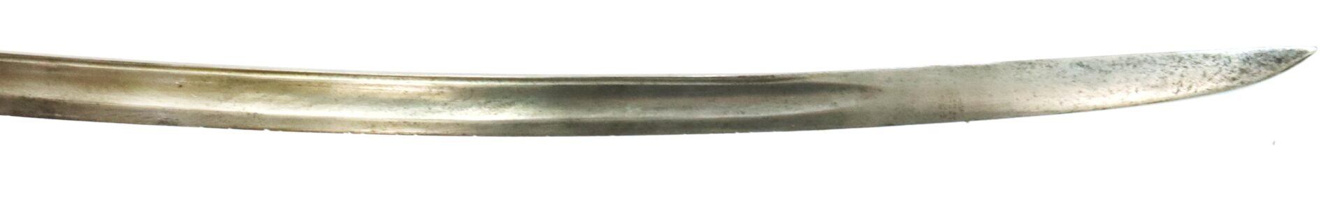 A close-up of a curved, single-edged sword blade with a metallic finish and visible signs of wear.