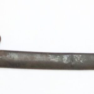 A curved, metal sword with a brass hilt and hand guard, sheathed in a dark, weathered scabbard with two mounting rings.