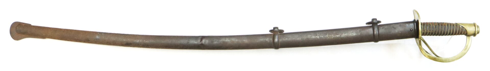 A vintage cavalry saber with a metal scabbard, brass handguard, and a textured grip, shown in a horizontal position.