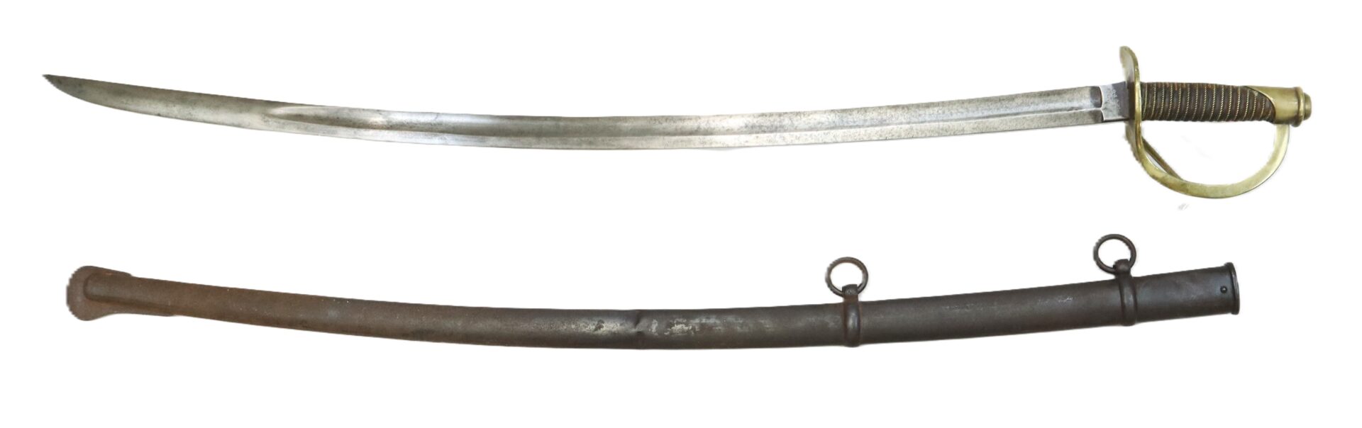 A curved, single-edged sword with a brass hilt and handguard, shown above its metal scabbard with two suspension rings.