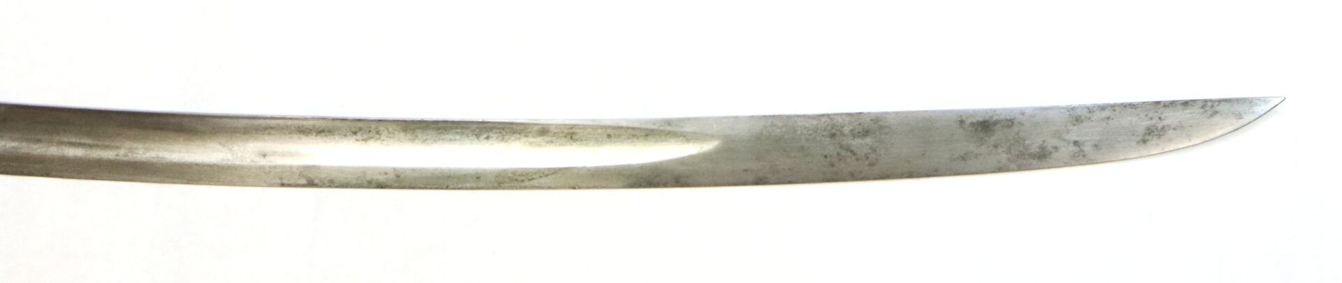A close-up view of a slightly curved, single-edged sword blade with a fuller, displayed against a plain white background.