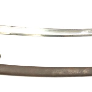 A curved cavalry saber with a metal guard and a black handle, displayed above its matching metal scabbard on a white background.