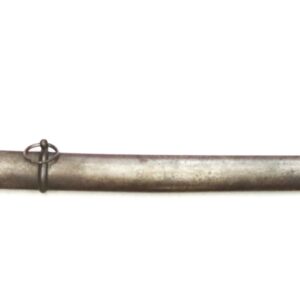 A vintage curved sword with a metal scabbard and a brass handguard, displayed against a white background.