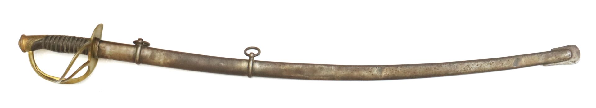 A vintage curved cavalry sword with a brass handguard and its metal scabbard, shown on a plain white background.