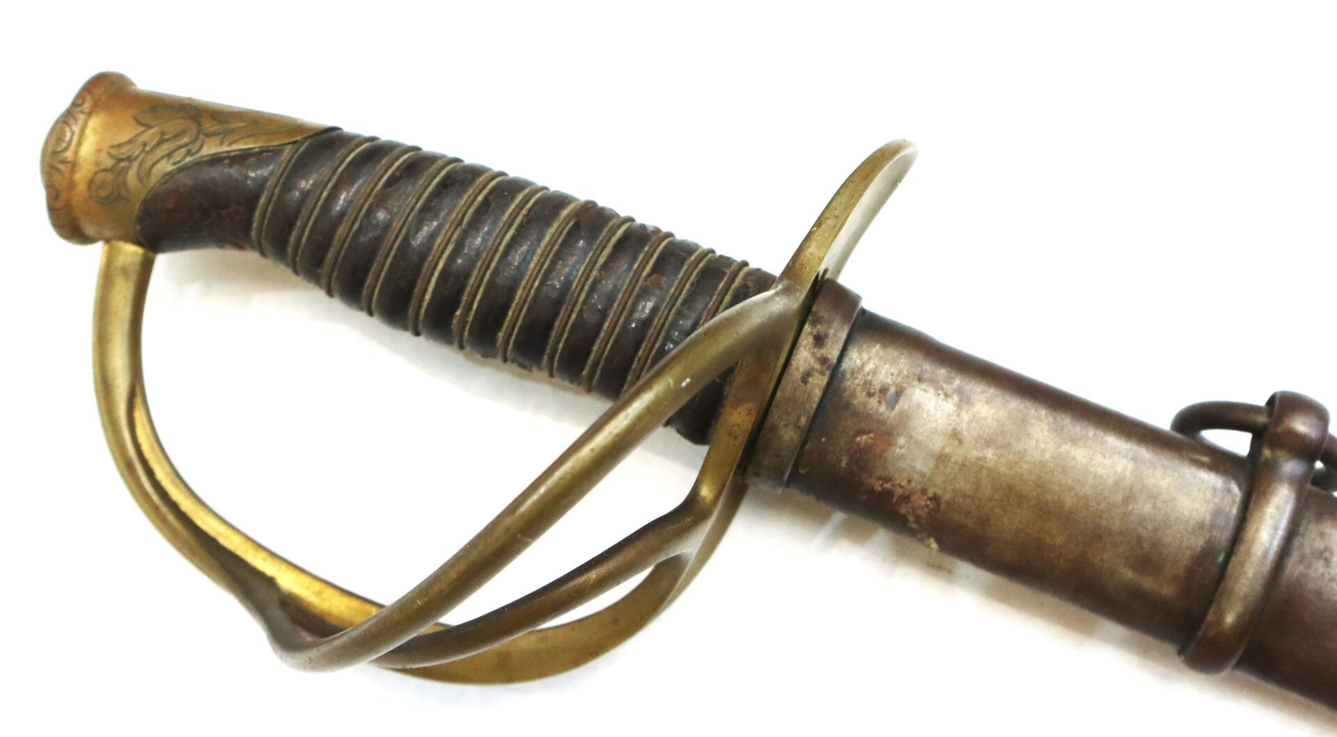 A close-up of an antique sword with a brass hilt, wire-wrapped grip, and metal scabbard on a white background.