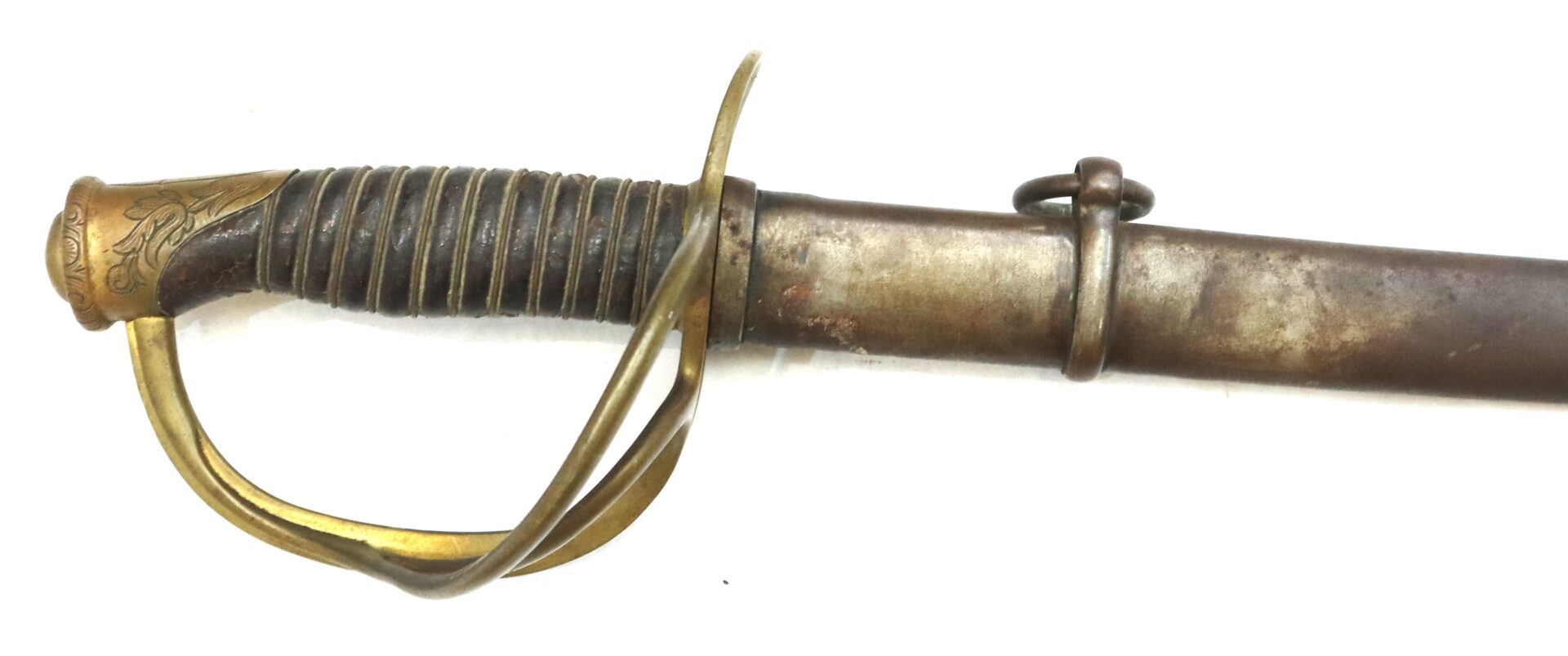 A vintage brass-handled sword with an ornate guard, wrapped grip, and weathered metal scabbard on a white background.