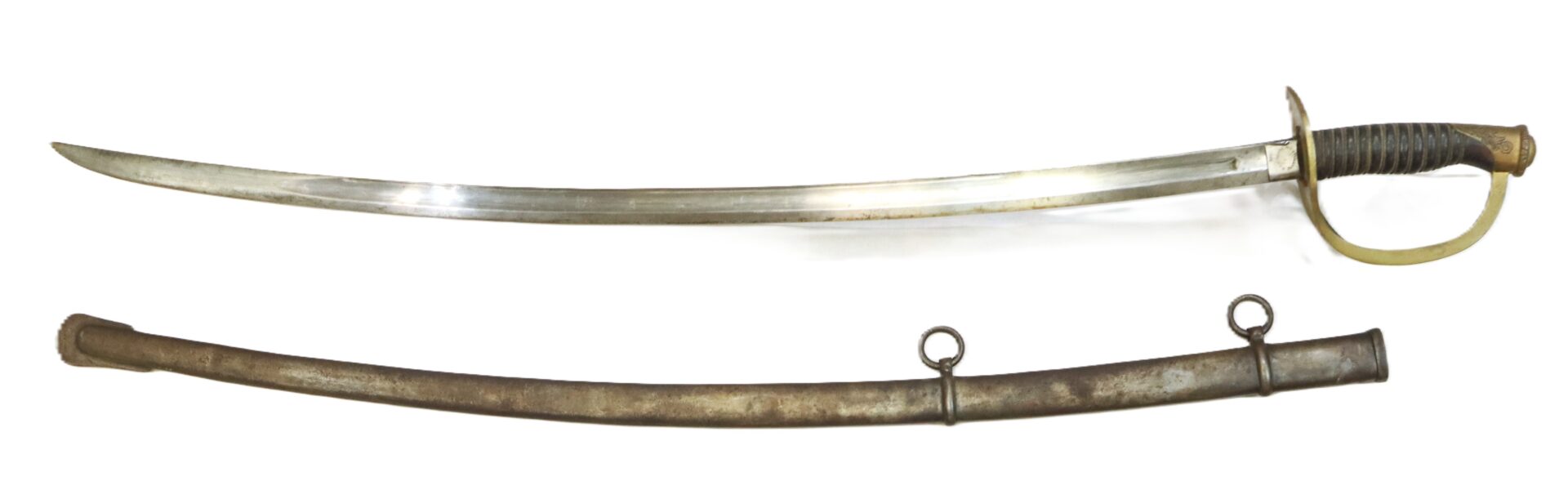 A curved metal sword with a guard and wrapped handle is shown above its matching scabbard with two mounting rings.