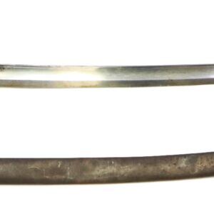A curved metal saber with a brass guard and a matching metal scabbard placed below it.