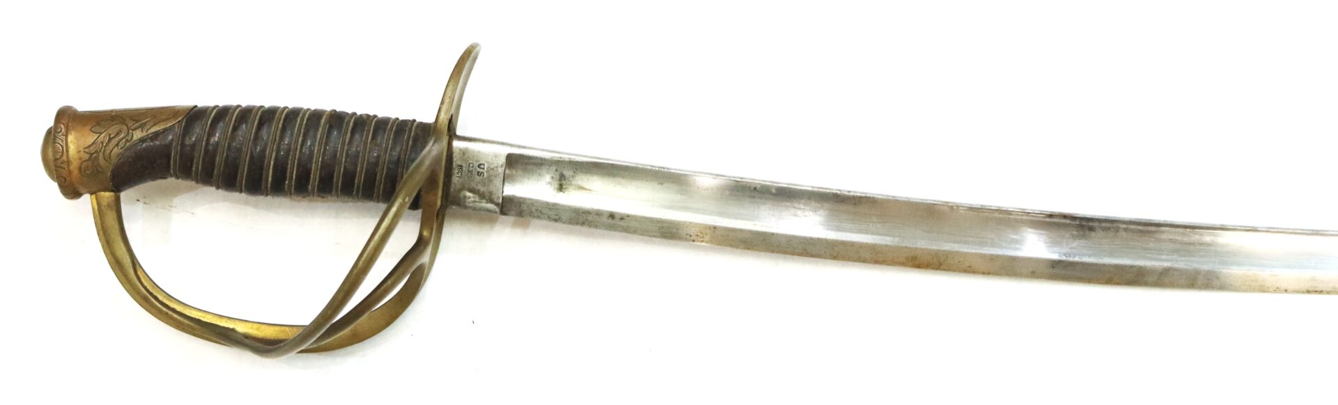 A curved sword with a brass hilt and handguard, wrapped grip, and a slightly tarnished steel blade against a white background.