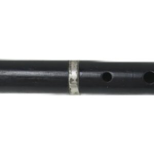 A black wooden flute with metal ends and six finger holes, shown on a white background.