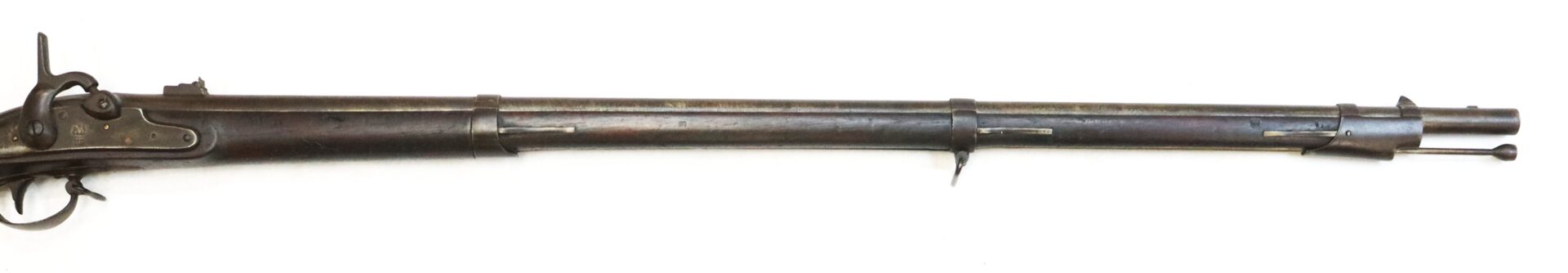 A long, antique muzzle-loading rifle with a metal barrel, iron sights, and three barrel bands, photographed on a white background.