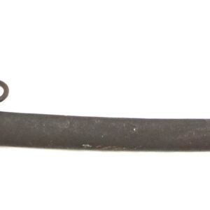 A curved sword with a brass hilt and handguard, featuring a black grip, sheathed in a dark metal scabbard with two metal rings.