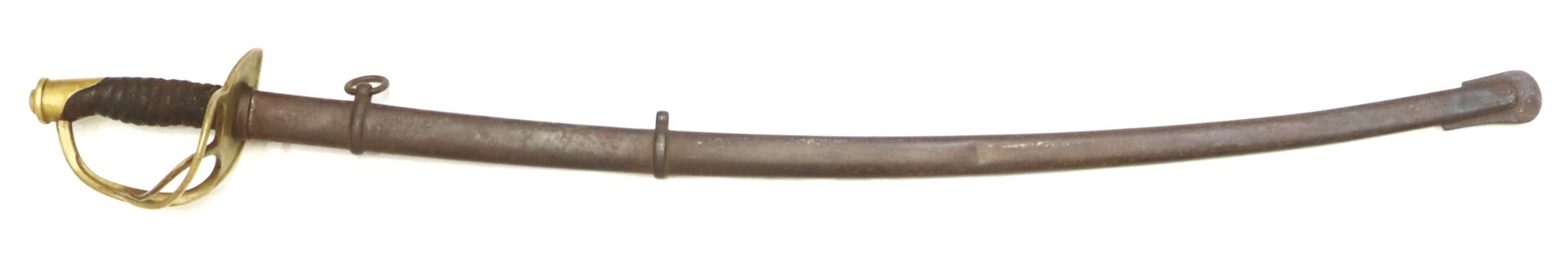 A vintage cavalry sword with a brass hilt and wire-wrapped grip, sheathed in a curved metal scabbard.