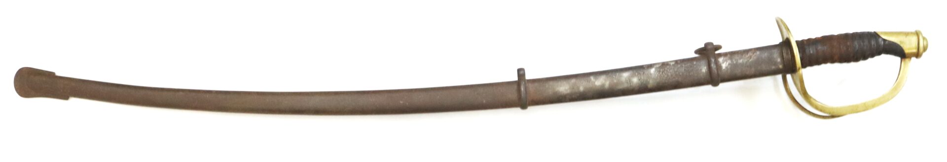 A vintage curved sword with a metal scabbard, a brass hand guard, and a wrapped handle, displayed on a white background.