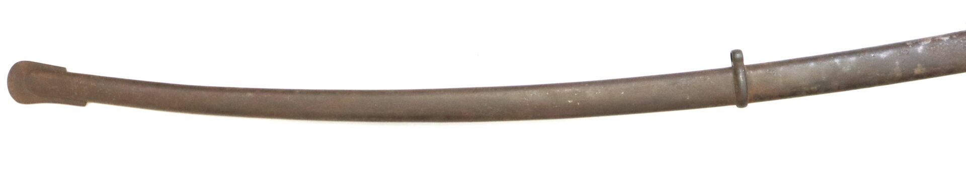 A long, curved, metal scabbard with a ring attachment near one end and a flared opening at the other.