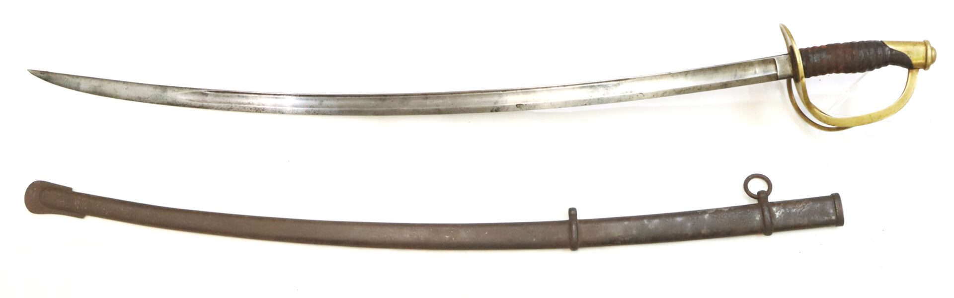 A curved metal saber with a brass handguard and a dark handle, displayed above its matching metal scabbard.
