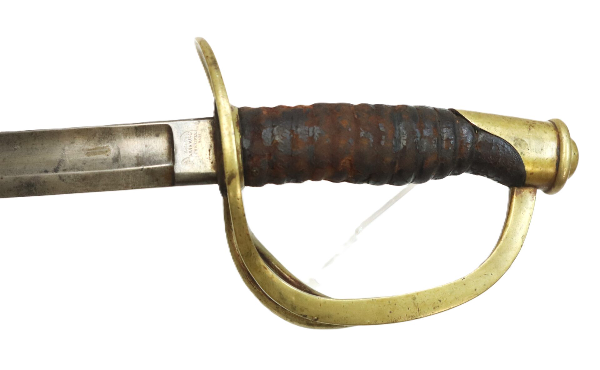Close-up of an antique sword hilt with a brass guard and a worn, dark brown wrapped grip.