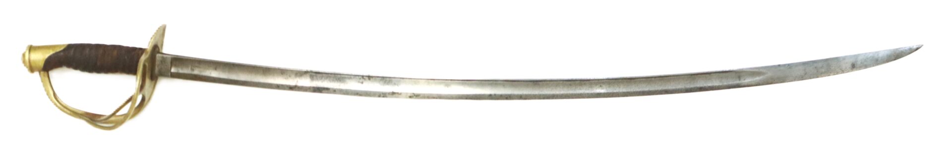 A long, slightly curved sword with a brass handguard and a dark, wrapped handle, photographed on a white background.