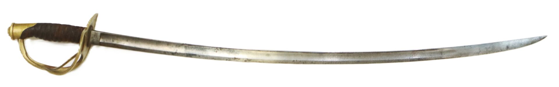 A curved, single-edged sword with a brass handguard and a wrapped handle, photographed on a white background.