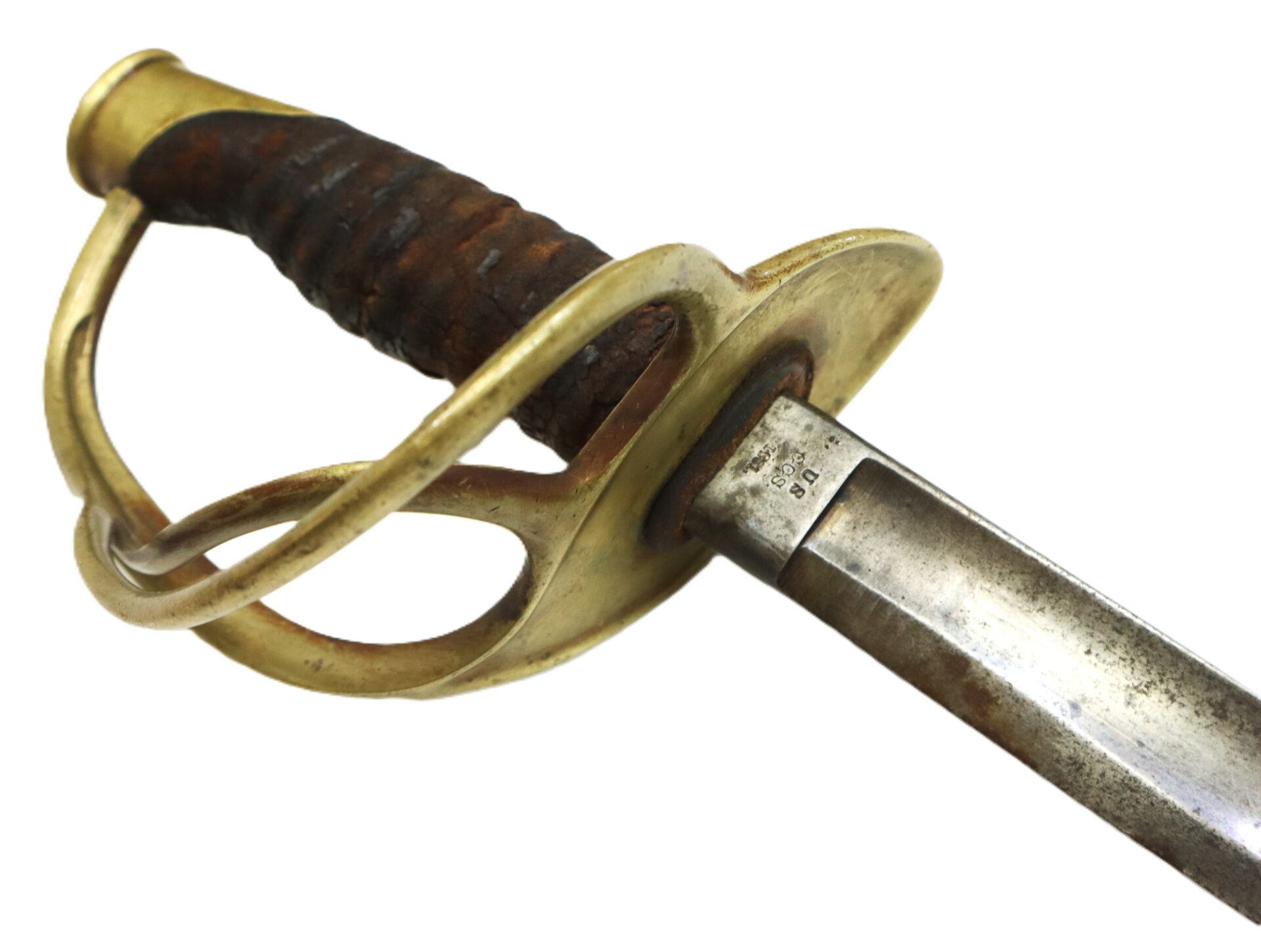Close-up of a vintage sword handle with a brass guard, leather-wrapped grip, and a partially visible steel blade.