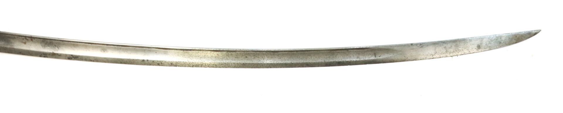 A long, slightly curved steel blade with a sharp edge and pointed tip, appearing to be a part of a sword or sabre.