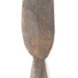 A rusty, metal trowel with a narrow, pointed blade and a cylindrical handle, photographed on a white background.