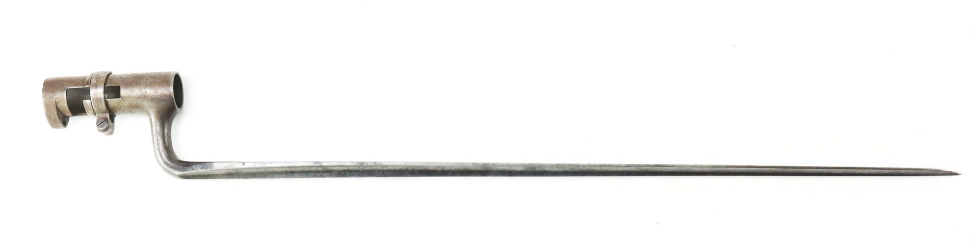 A Model 1855 .58 Caliber Triangular Socket Bayonet with a cylindrical socket and long, narrow, pointed blade is displayed against a white background.