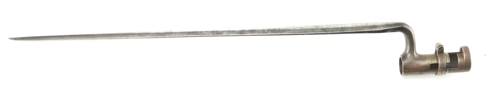 The Model 1855 .58 Caliber Triangular Socket Bayonet features a long, tapered, triangular blade and an angled shank for mounting onto a rifle muzzle.