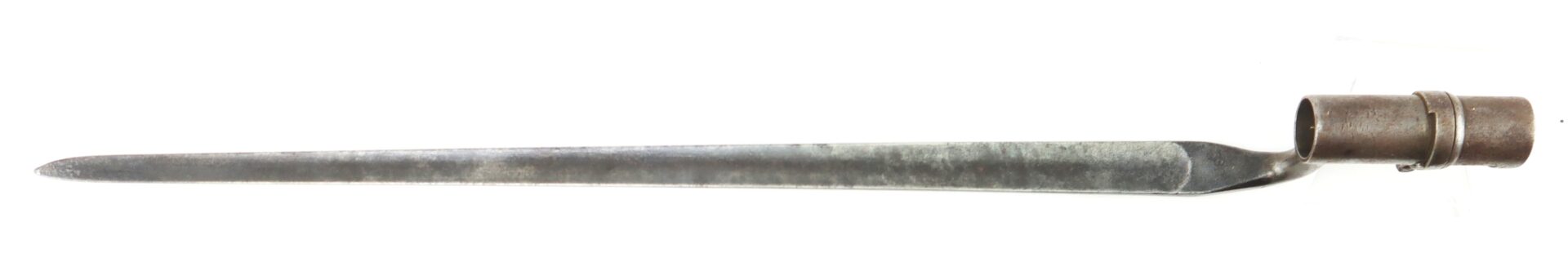 The Model 1855 .58 Caliber Triangular Socket Bayonet features a tapered triangular blade and a cylindrical socket for attachment.