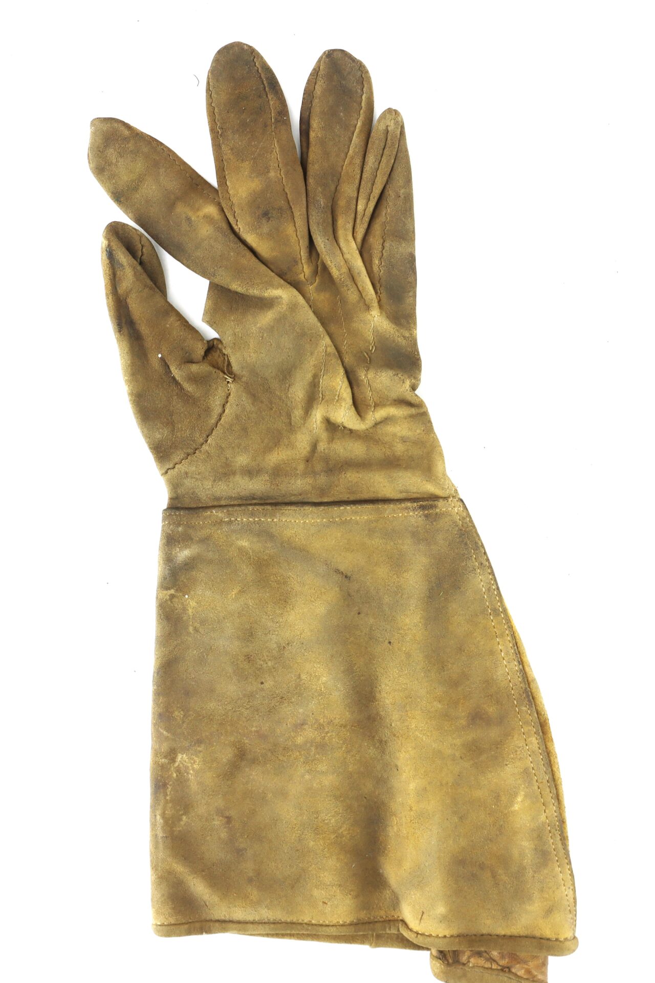A worn brown leather work glove with visible creases and signs of use, photographed on a white background.