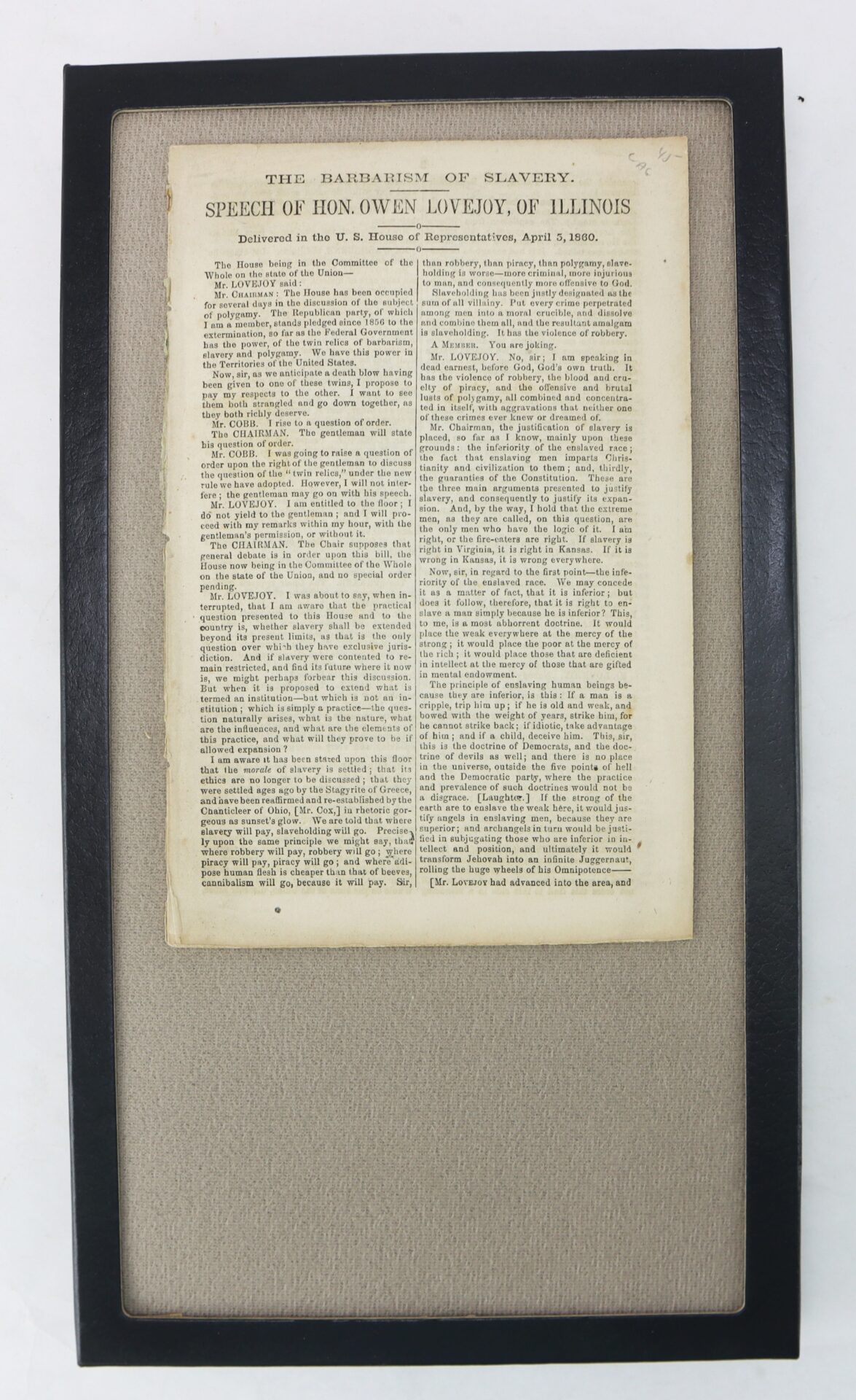 Framed historical document titled "The Barbarism of Slavery," featuring a printed speech by Hon. Owen Lovejoy of Illinois, delivered in the U.S. House of Representatives in 1860.